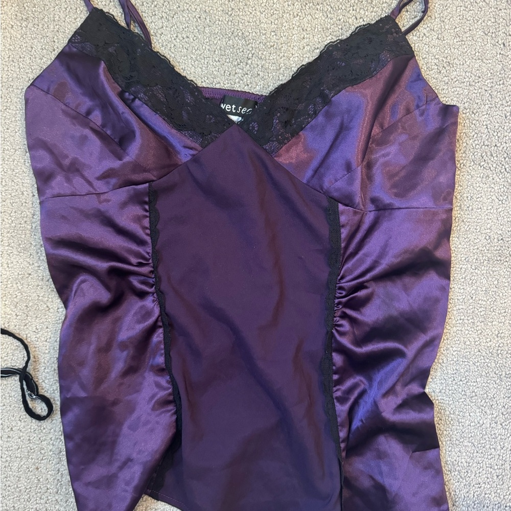 Wet Seal Purple Satin Top with Lace Trim